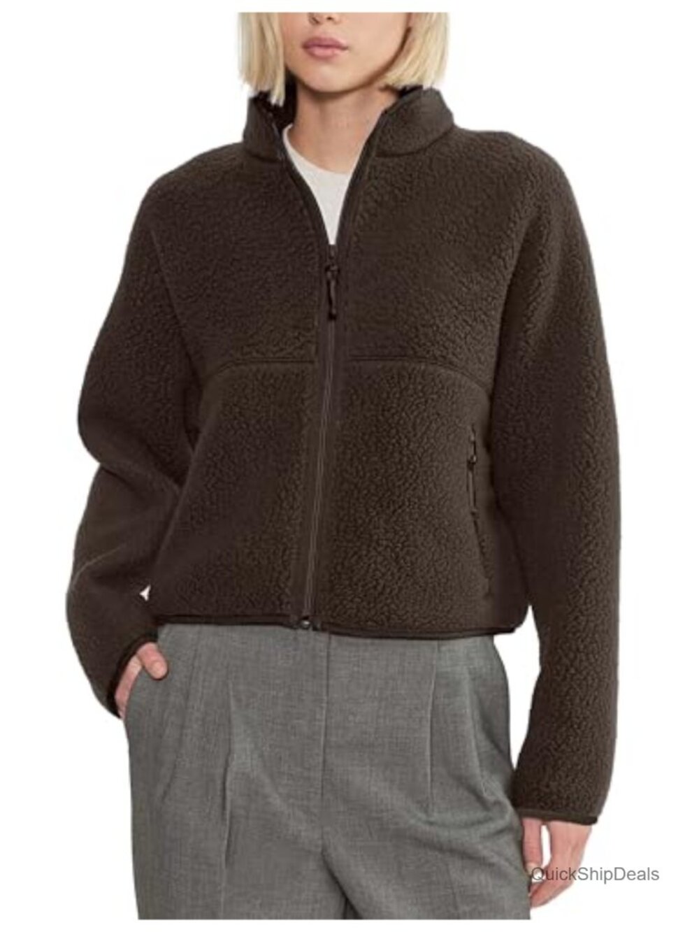 Women's Sherpa Fleece Zip Up Jacket Fuzzy Warm Coat Stand Collar